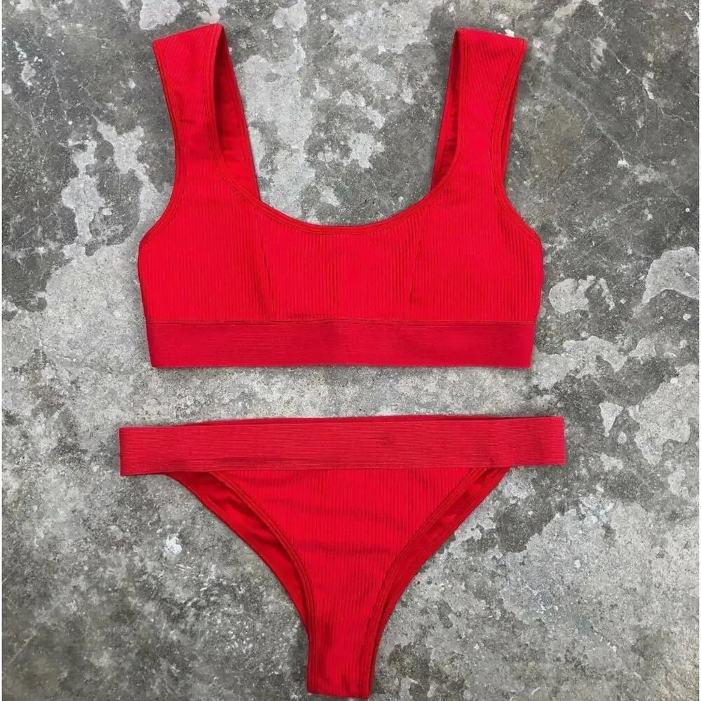 Frankies Bikinis Drew Ribbed Bikini Top - Red - Large - NWT
